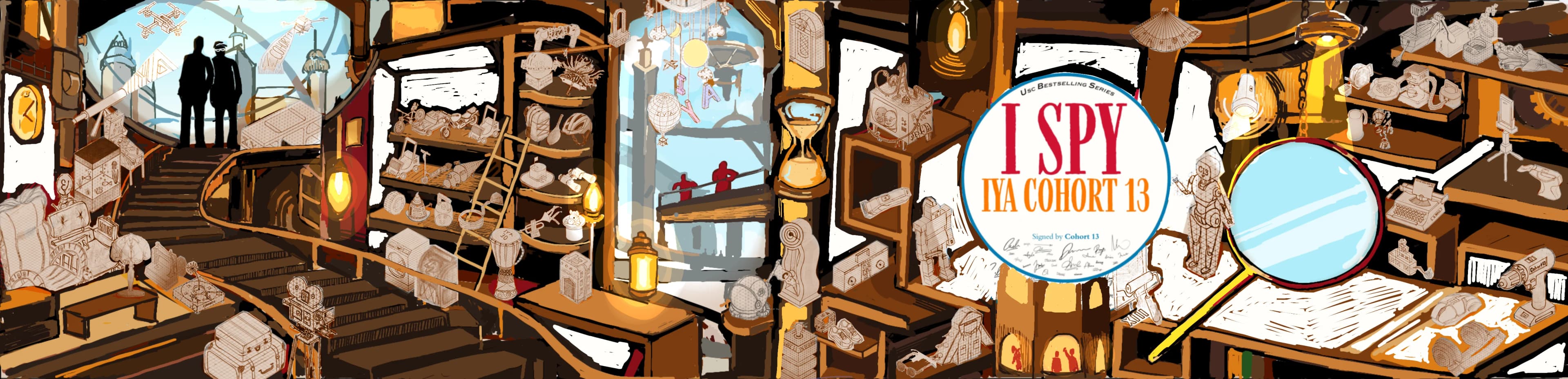 The USC IYA Cohort 13 I Spy mural: a cluttered workshop full of hand-drawn isometric products